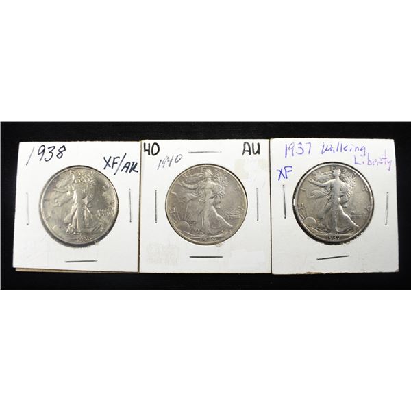 1937, 38 & 40 WALKING LIBERTY HALF DOLLARS XF/AU