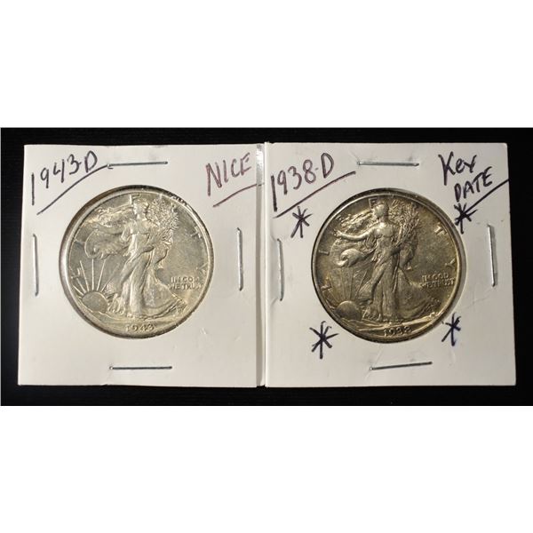 1938-D & 1943-D WALKING LIBERTY HALF DOLLARS