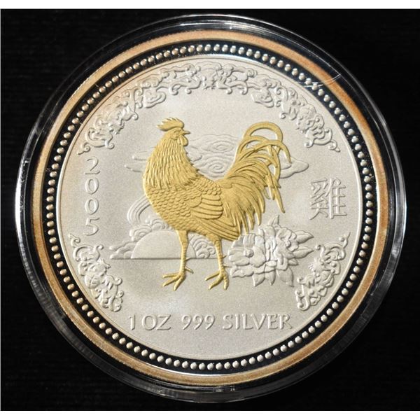 2005 GILDED YEAR OF THE ROOSTER 1 OZ SILVER ROUND