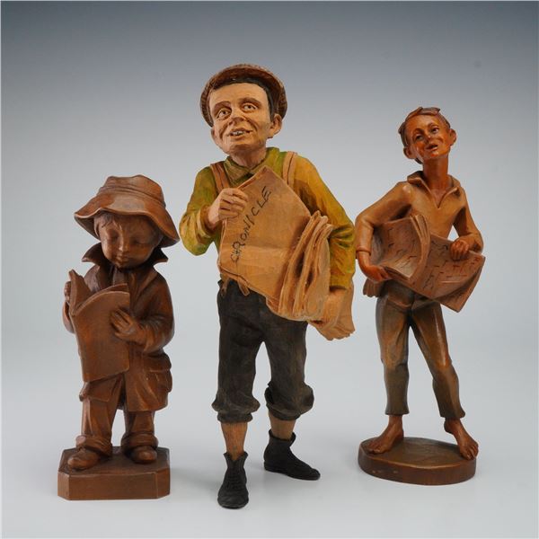 3pc Carved Wood Newspaper Themed Figurines