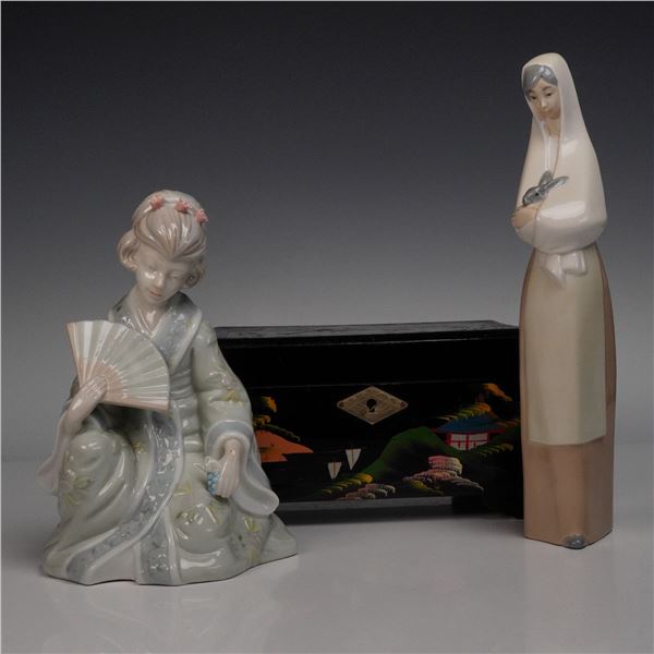 3pc Nao Woman with Rabbit Figurine, Geisha Figurine, and Jewelry Box