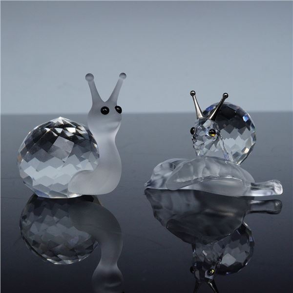 2pc Swarovski Crystal Figurines, Snail On a Vine Leaf & Snail