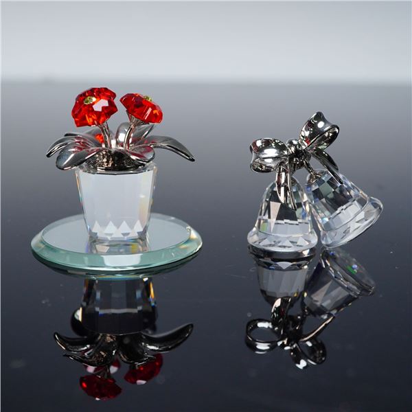 2pc Swarovski Crystal Figurines with Base, Christmas Bells and Red Primula