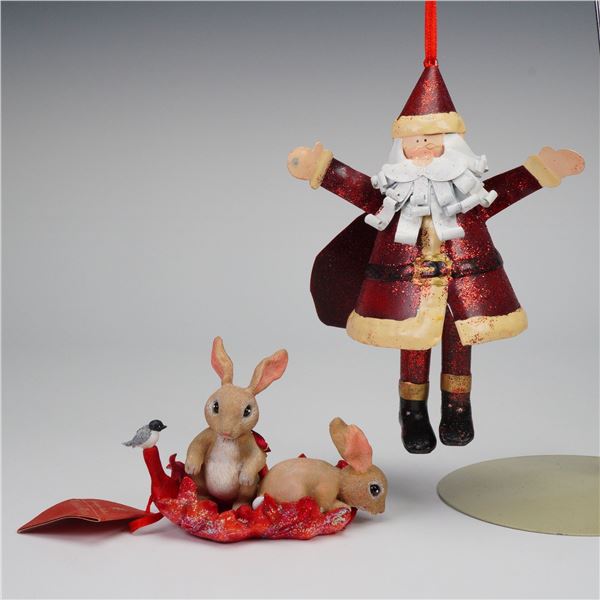 2pc Radko Woodland Winds Rabbits and Radio City Santa Christmas Ornaments