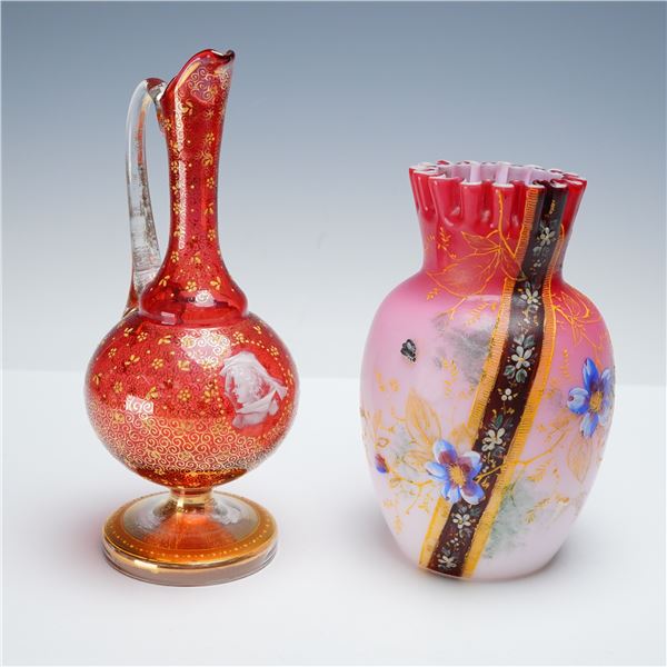 2pc Cranberry Art Glass Ewer and Peachblow Vase