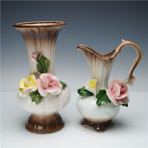 2pc Nuova Capodimonte Vintage Floral Pitcher & Vase