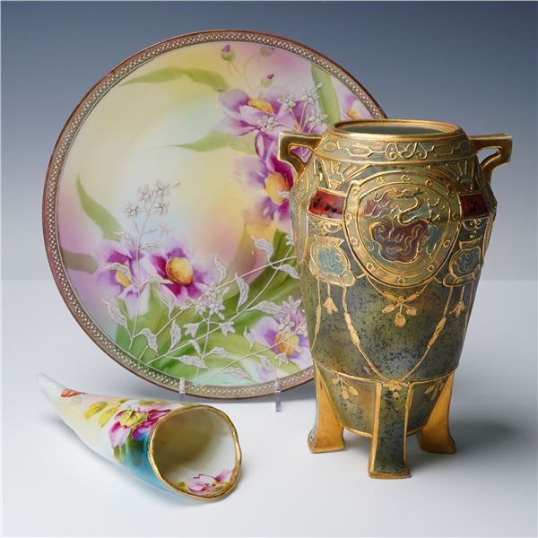 3pc Nippon Hand Painted Porcelain Vases and Plate