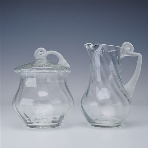 2pc Clear and Frosted Art Glass Creamer and Lidded Sugar Set