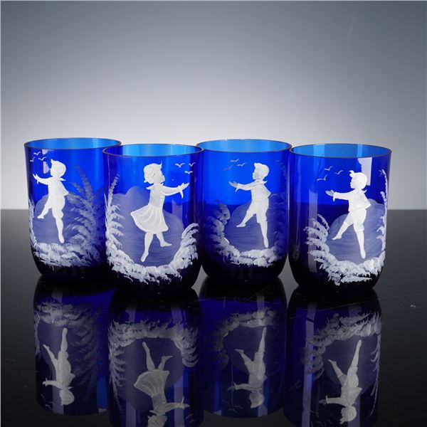 4pc Mary Gregory Glass Tumblers, Children in Landscape