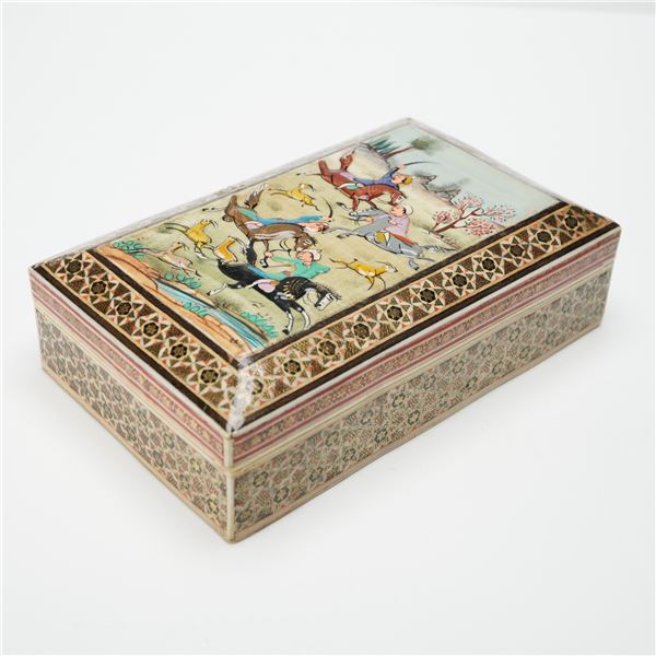 Persian-Style Hand-Painted Decorative Box, Hunting Scene