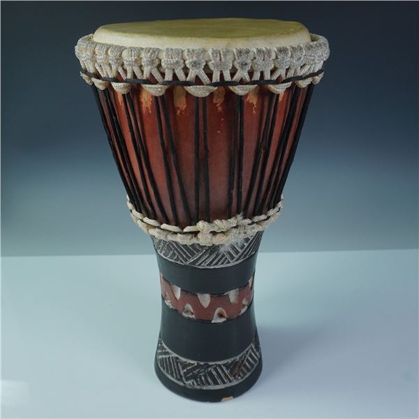 Hand Carved Wooden Djembe Drum, Tribal Motif