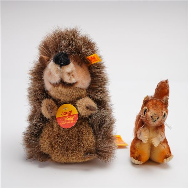 2pc Steiff Stuffed Animals, Hedgehog and Squirrel