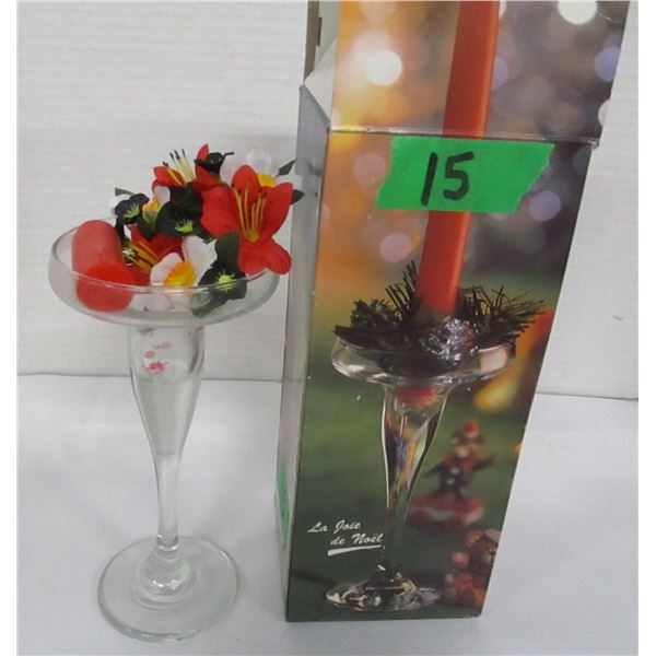 ESTATE:  6 3/4" CANDLE HOLDER WITH WREATH & CANDLE IN ORIGINAL BOX