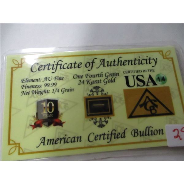 1/4 GOLD GRAIN CERTIFIED CARD .999 PURE GOLD