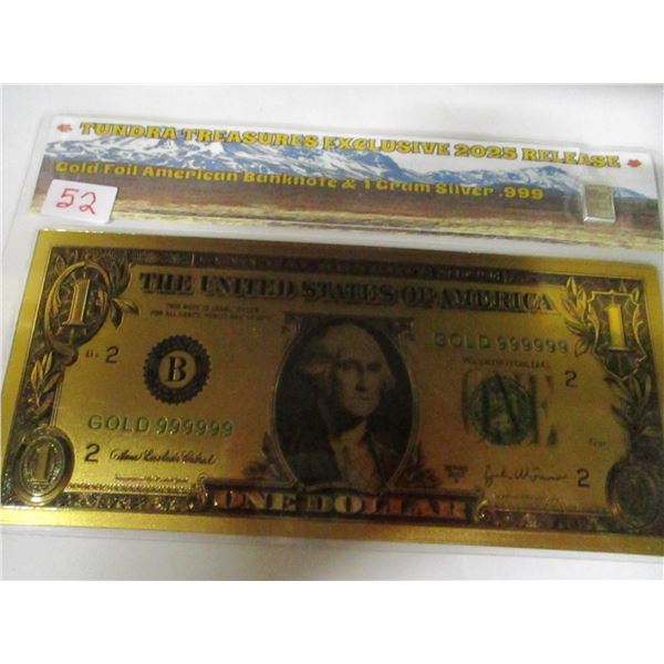 GOLD FOIL $1 BANK NOTE C/W 1 GRAM SILVER