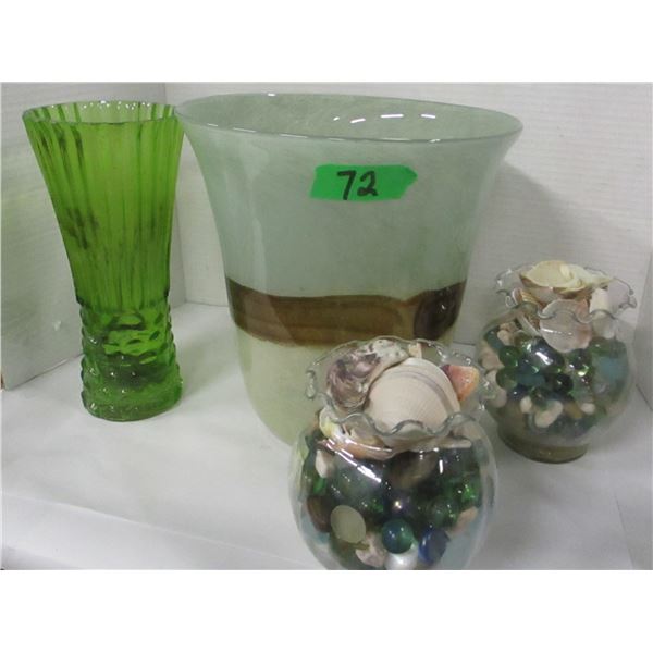 FLOWER VASE, CANDLES, SHELLS, ETC