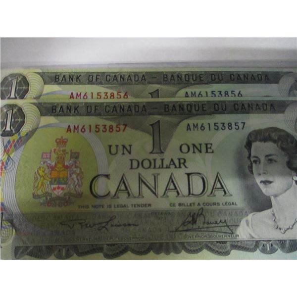 1973 PAIR OF UNCIRCULATED SEQUENTIAL SERIAL NUMBER CANADA $1 BILLS