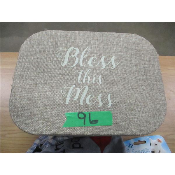 "BLESS THIS MESS" STORAGE CONTAINER C/W HAIR ACCESSORIES, DOG SHIRTS, ETC