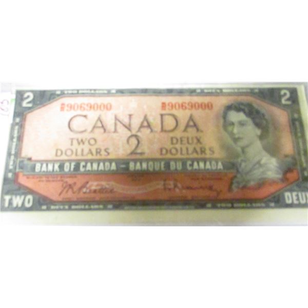 1954 POKER HAND SERIAL NUMBER (0'S & 9'S) LEGAL TENDER CANADA $1 BILL