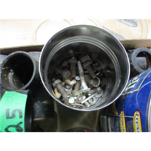 BOX C/W PLUMBING SUPPLIES, 3 CANS MISC HARDWARE