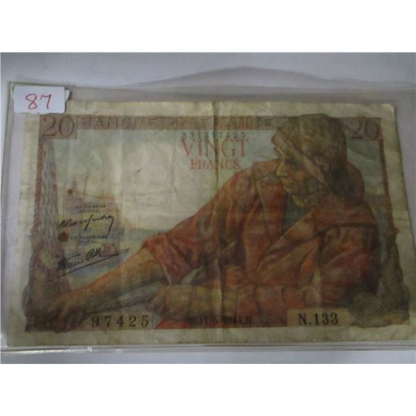 1944 BANK OF FRANCE 20 FRANC BANK NOTE