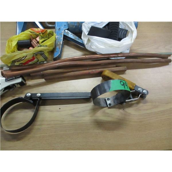 TRAY C/W 2 CAULKING GUNS, COPPER PIPE, OIL FILTER WRENCHES, ETC