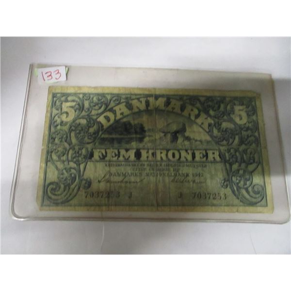 1942 DENMARK NATIONAL BANK 5 MARK BANK NOTE