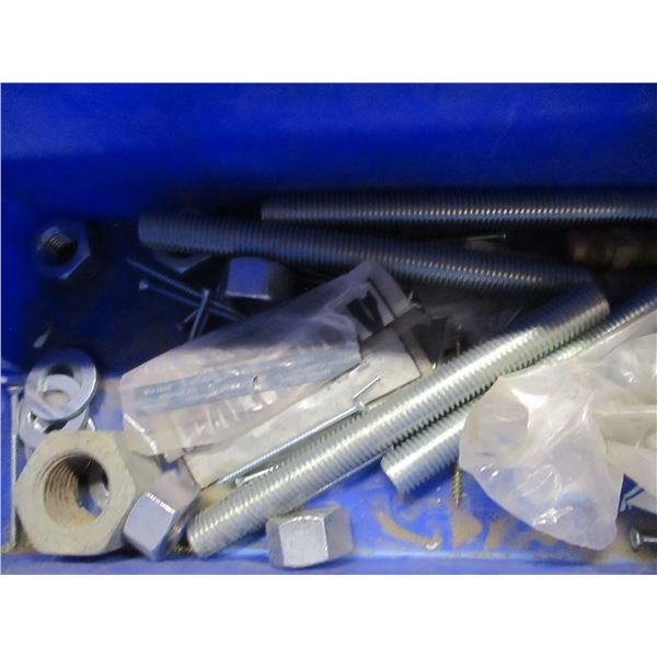 BIN C/W CAULKING GUN, FLASHLITES, BOLTS, NUTS, ETC