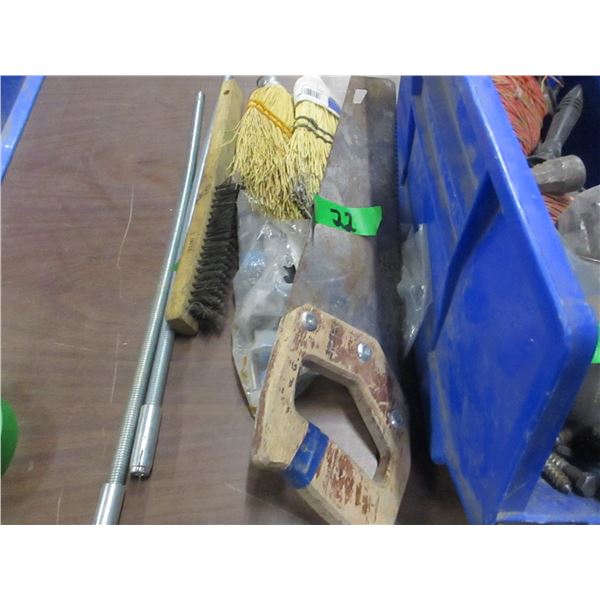 BIN C/W WIRE BRUSH, WISK, DUCK TAPE, THREADED ROD, ETC
