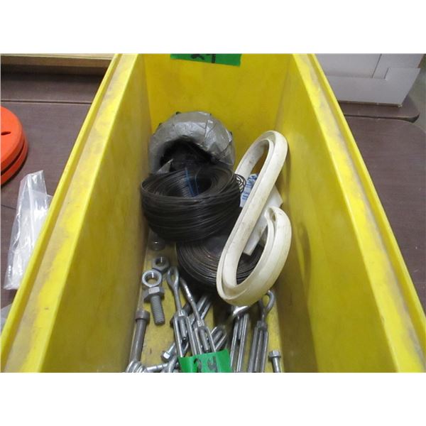 BIN C/W MECHANIC'S WIRE, TIE DOWN KNUCKLES, BOLTS, NUTS, ETC