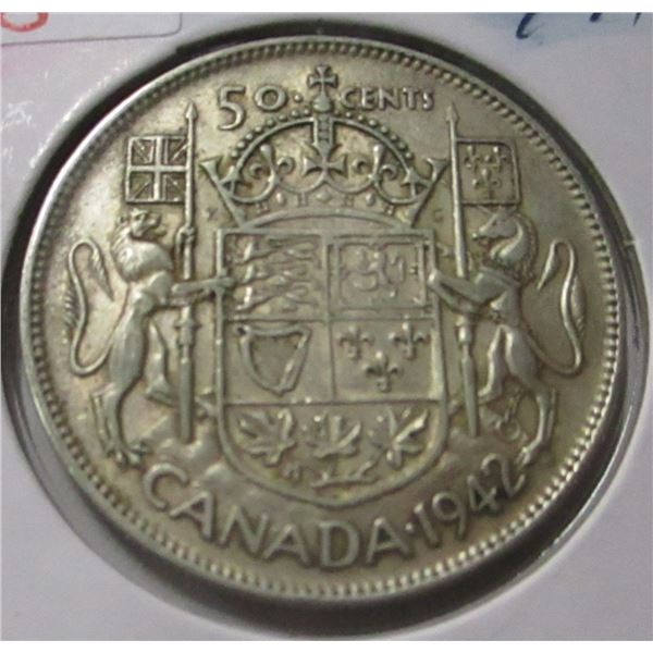 1942 CANADA KING GEORGE VI SILVER HALF DOLLAR
