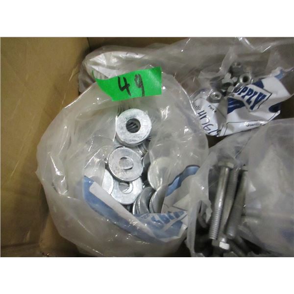 BOX C/W NEW ASSORTED NUTS, BOLTS, WASHERS, ETC