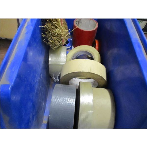 BIN C/W WIRE BRUSH, WASHER HOSE, ASSORTED TAPE, ETC