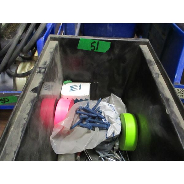 BIN C/W WISK, CAULKING GUN, AIR NAILS, EXTENSION CORD, ETC