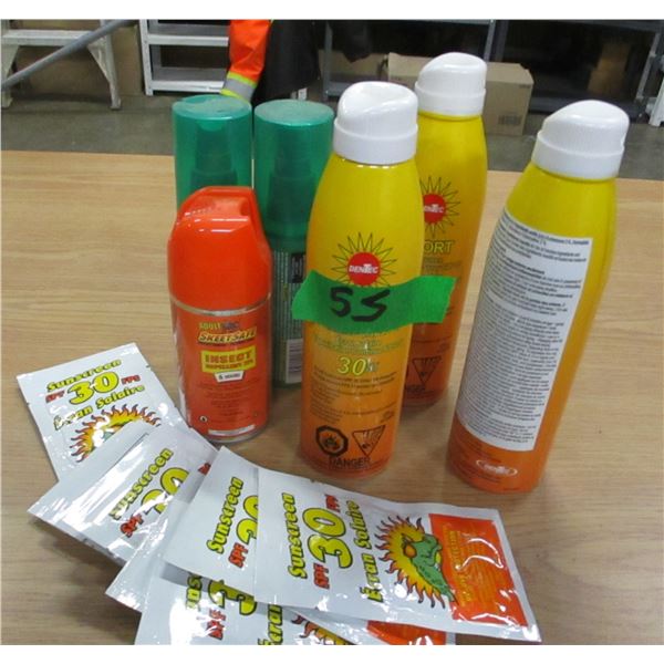 BOX C/W 3 CANS OF SUNSCREEN, 2 CANS OFF, SKEET SAFE