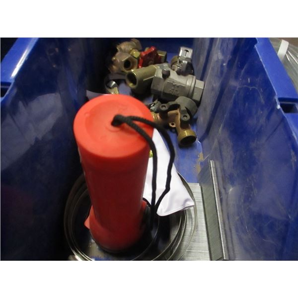 BIN C/W FLASHLITE, WIRE BRUSH, CLEAR HOSE, LEVEL LINE, ETC