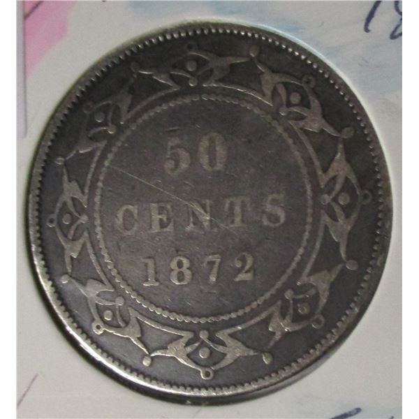 1872H NEWFOUNDLAND VICTORIAN SILVER HALF DOLLAR