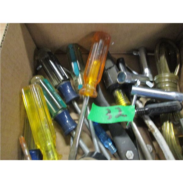 BOX C/W ASSORTED TOOLS (SCREWDRIVERS, HAMMER, TIN SNIPS), TAPE, EXTENSION CORDS, ETC