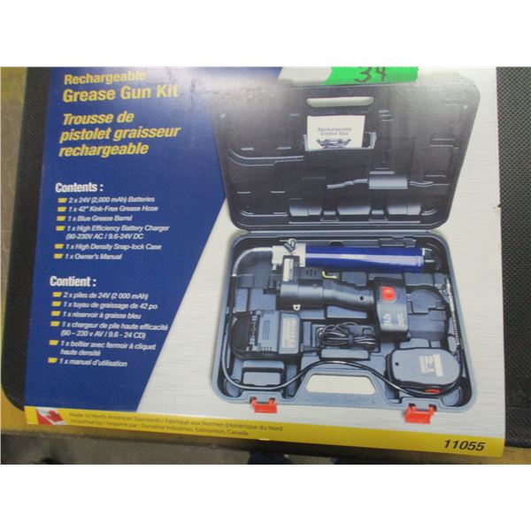 NEW:  DYNALINE RECHARGEABLE GREASE GUN (2 - 24 VOLT BATTERIES, GREASE GUN, BATTERY CHARGER, CASE)