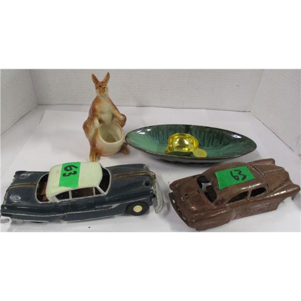BOX C/W 2 DEALER PROMO CARS (VERY ROUGH) (BMP & KANGAROO), BMP BOWL, KANAGROO ORNAMENT, ETC