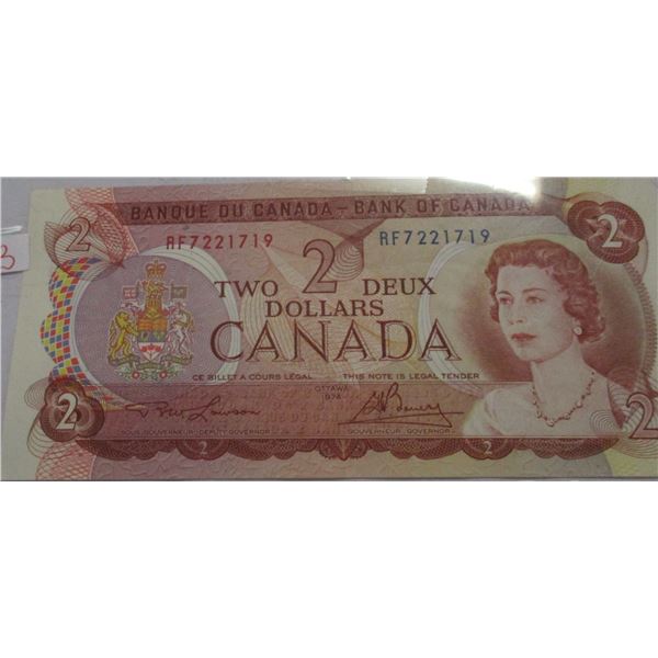 1974 AU BANK OF CANADA MULTI COLORED LEGAL TENDER $2 BILL