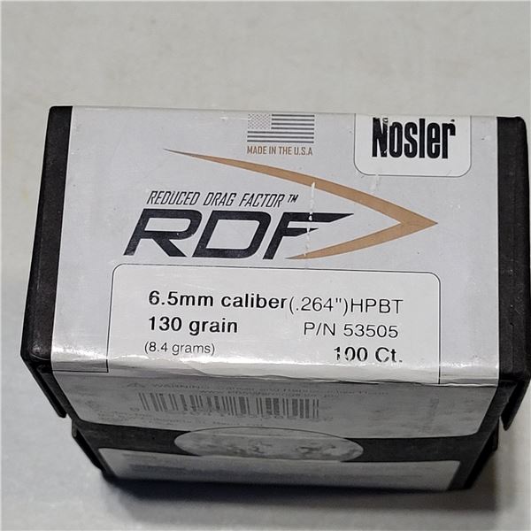 6.5mm  (.264") 130gr HPBT Nosler RDF Bullets   100 Count