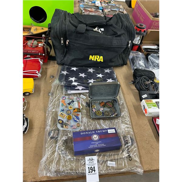 Asst. Pins, Pocket Knife, US Flags Backpack, NRA Duffle