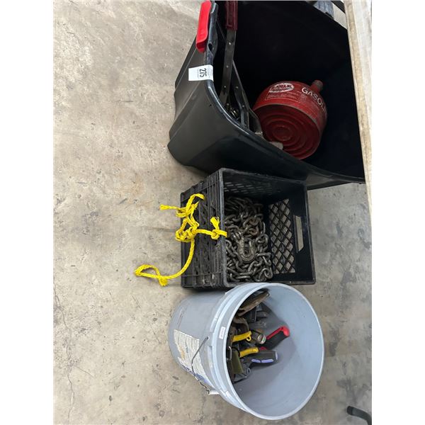 Chain w/Hooks, Tub w/Come A Long, Gas Can, Bucket w/Tools