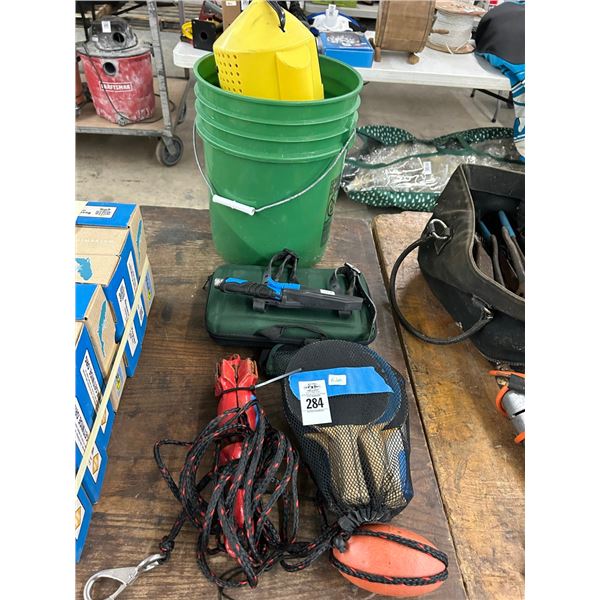 Small Folding Anchor, Ping Pong Paddles, Knife w/Sheath, Bait Bucket w/Cast Net