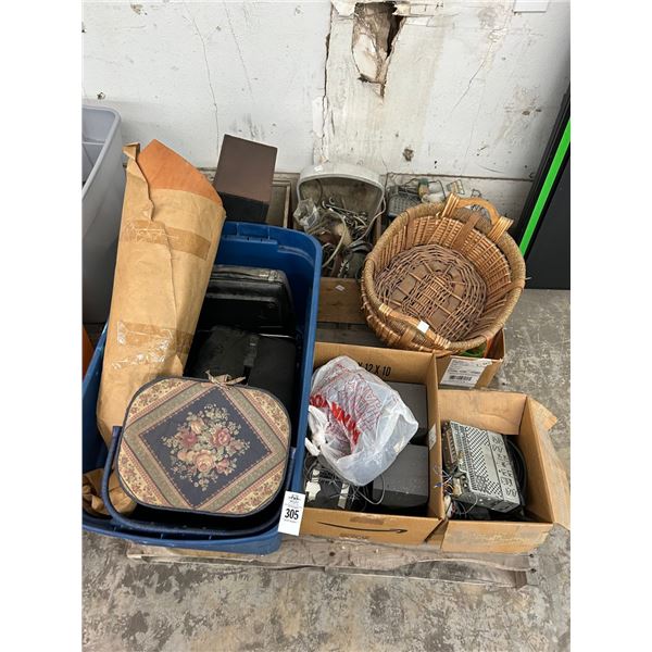 Pallet w/Vintage Electronics, Basket, Stereo Equip, Carry Bags, Small Grill