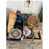 Image 1 : Pallet w/Vintage Electronics, Basket, Stereo Equip, Carry Bags, Small Grill