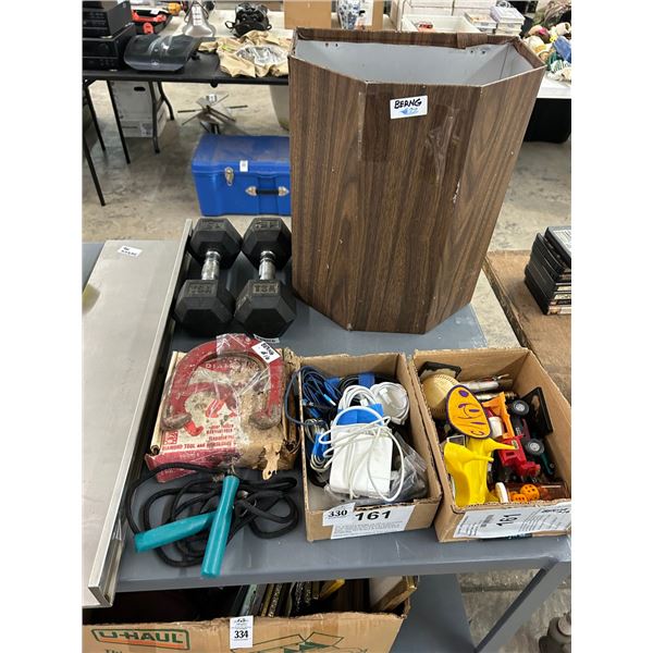 Dumbells, Waste Can, Shelf, Horsehoes, Toys, Electronics