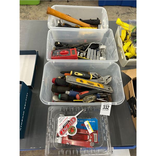 Bins 4 w/Asst. Tools, Staple Gun,  Meter