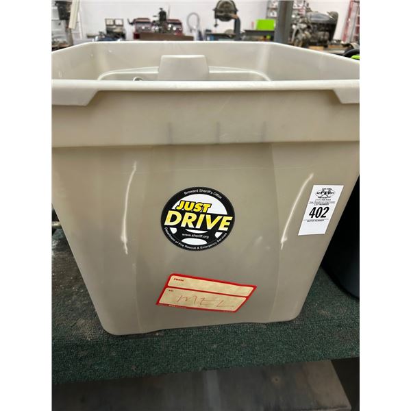 Tubs 2 w/Jumper Cables, Ext. Cords, Splitter, Drop Light, Tools, Supplies